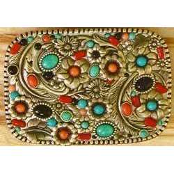Michal Golan Coral, Turquoise and Onyx Belt Buckle