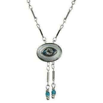 Michal Golan Crystal, Aqua and Silver Evil Eye Oval Pendant with Drop Beads