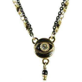 Michal Golan Crystal, Black and Gold Round Evil Eye Necklace With Drop Bead