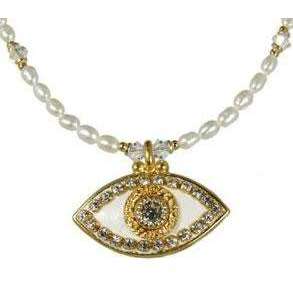 Michal Golan Crystal, Gold Evil Eye Pendant and Pearl Necklace