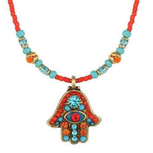 Michal Golan Crystal Hamsa Necklace in Orange and Blue with Evil Eye