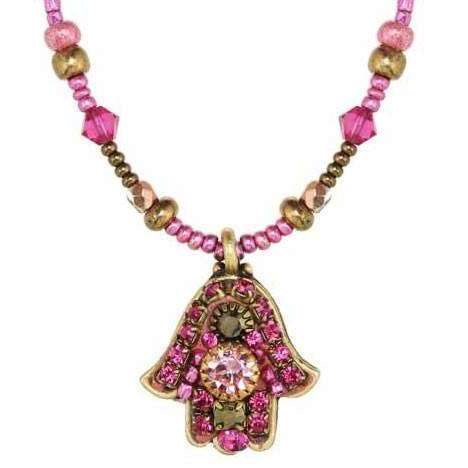 Michal Golan Crystal Hamsa Necklace in Pink and Gold