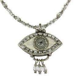 Michal Golan Crystal, Silver and White Evil Eye Pendant and Beaded Necklace With Drop Beads