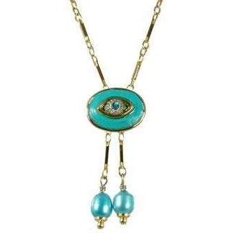 Michal Golan Crystal, Turquoise and Gold Evil Eye Oval Pendant With Drop Beads