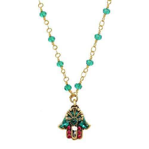 Michal Golan Green and Pink Hamsa Necklace