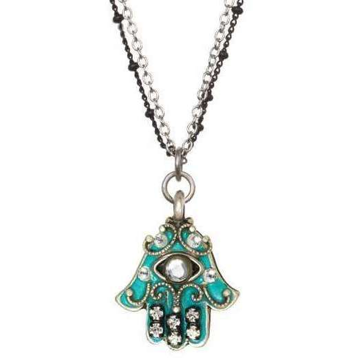 Michal Golan Green and Silver Hamsa Necklace with Evil Eye on Double Chain