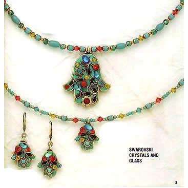 Michal Golan Green Swarovski Crystal and Glass Hamsa Necklace