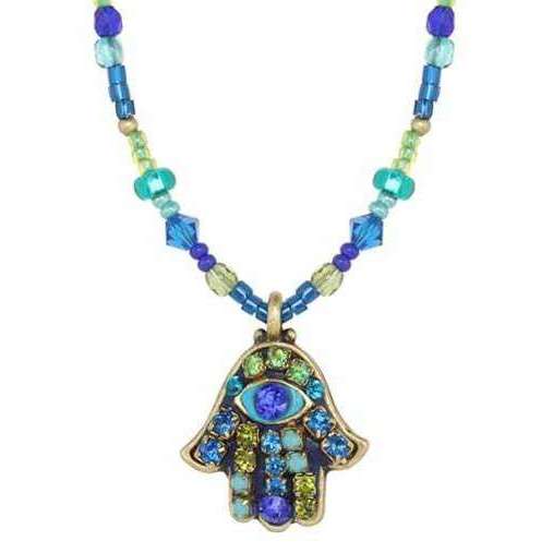 Michal Golan Hamsa Necklace in Blue and Green Crystal with Evil Eye