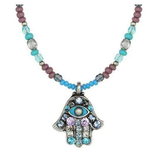 Michal Golan Hamsa Necklace in Blue and Purple Crystal with Evil Eye