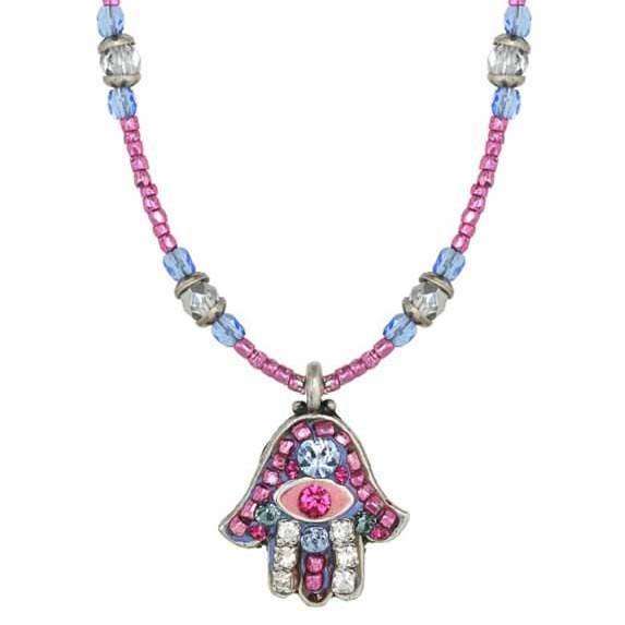 Michal Golan Hamsa Necklace in Pink Crystal with Evil Eye