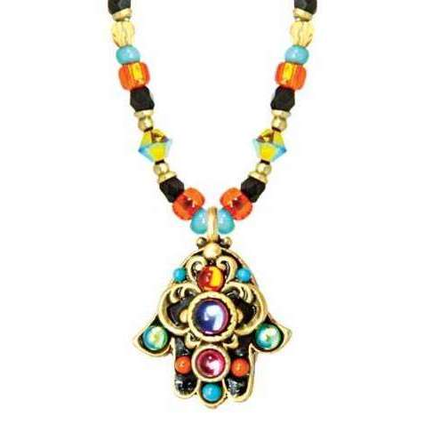 Michal Golan Hamsa Necklace with Elaborate Multi-Colored Beading
