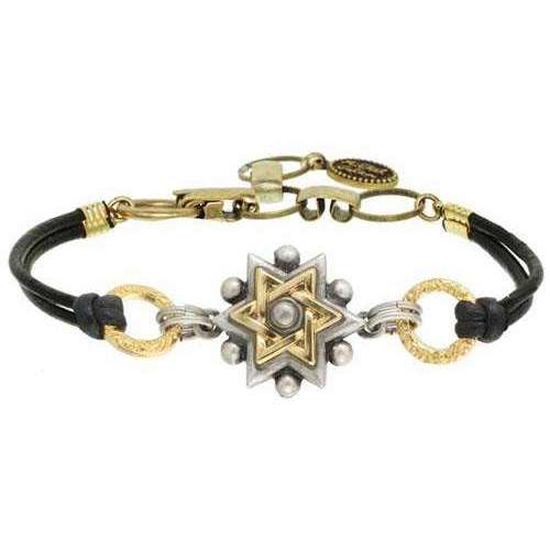 Michal Golan Leather Bracelet with Silver and Gold Star of David