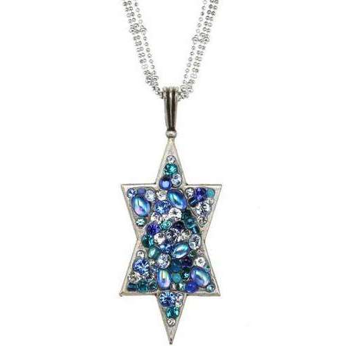 Michal Golan Long Triple Chain Star of David Necklace with Blue Mosaic