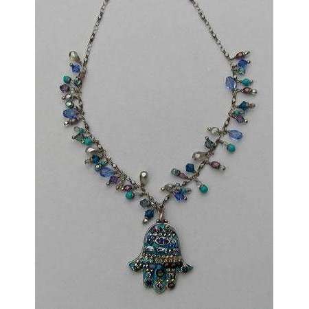 Michal Golan Medium Bright Blue Hamsa Necklace with Hang Beads