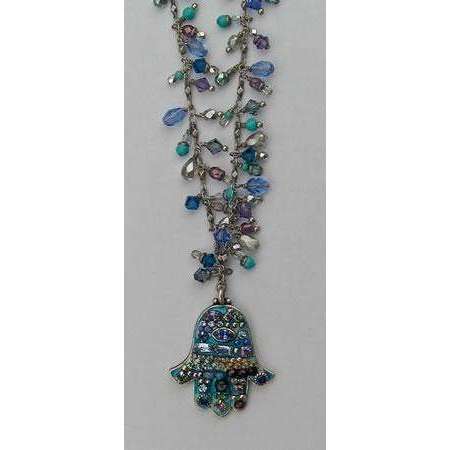 Michal Golan Medium Bright Blue Hamsa Necklace with Hang Beads