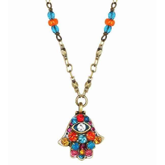 Michal Golan Multi-Colored Crystal Hamsa Necklace with Evil Eye