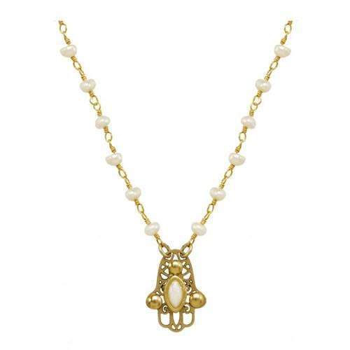 Michal Golan Pearl and Gold Hamsa Necklace