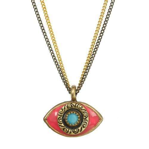 Michal Golan Pink and Turquoise Evil Eye Double Strand Necklace
