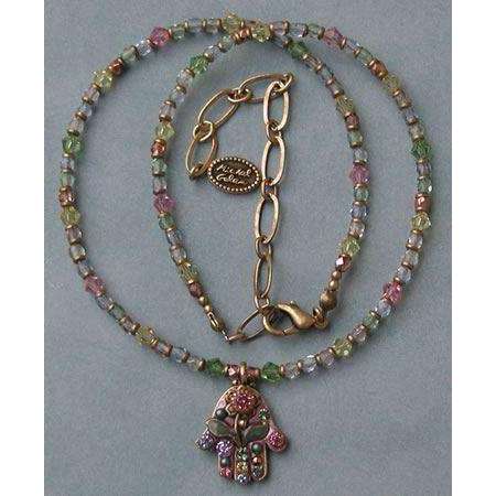 Michal Golan Pink Flower Hamsa Necklace
