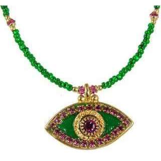 Michal Golan Pink, Gold and Emerald Evil Eye Pendant and Beaded Necklace