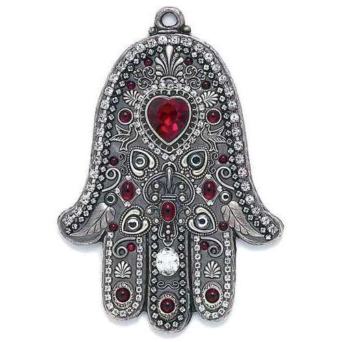 Michal Golan Red Heart and Silver Dove Wall Hamsa