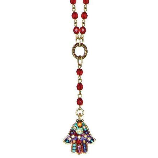 Michal Golan Red Multi Color Drop Pendant Hamsa Necklace