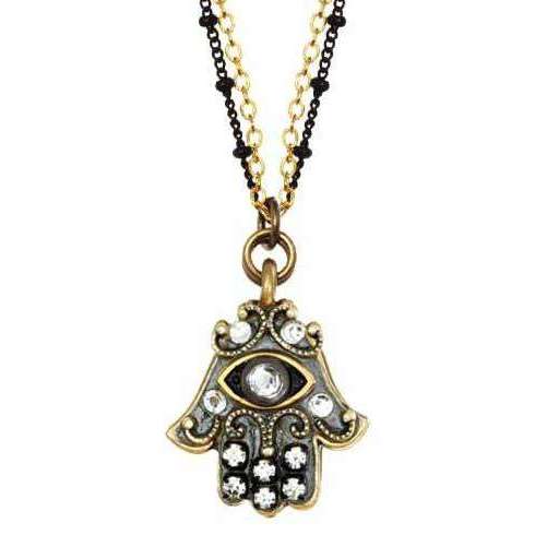 Michal Golan Silver and Gold Hamsa Necklace with Evil Eye on Double Chain
