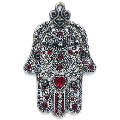 Michal Golan Silver and Red Heart Wall Hamsa