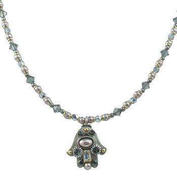 Michal Golan Soft Pearl and Crystal Hamsa Necklace