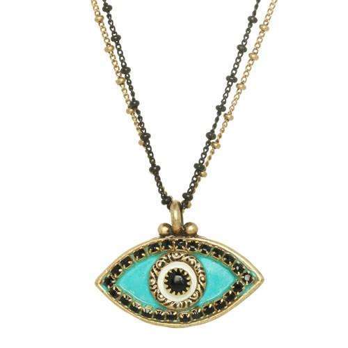Michal Golan Turquoise and Black Evil Eye Necklace on Double Chain