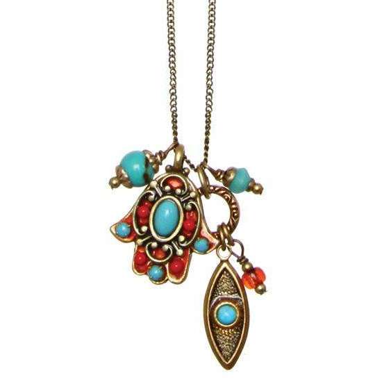 Michal Golan Turquoise and Coral Hamsa and Evil Eye Cluster Charm Necklace