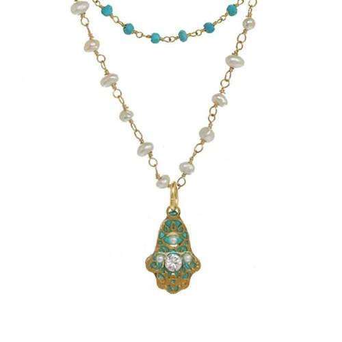 Michal Golan Turquoise and Pearl Hamsa Necklace