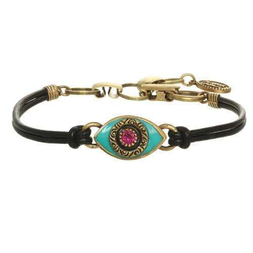 Michal Golan Turquoise and Pink Evil Eye Bracelet on Leather