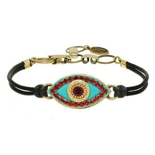 Michal Golan Turquoise and Red Evil Eye Bracelet on Leather