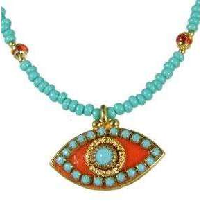 Michal Golan Turquoise, Gold and Coral Evil Eye Pendant and Beaded Necklace