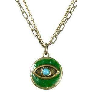 Michal Golan Turquoise Stone and Emerald Evil Eye Round Pendant Necklace