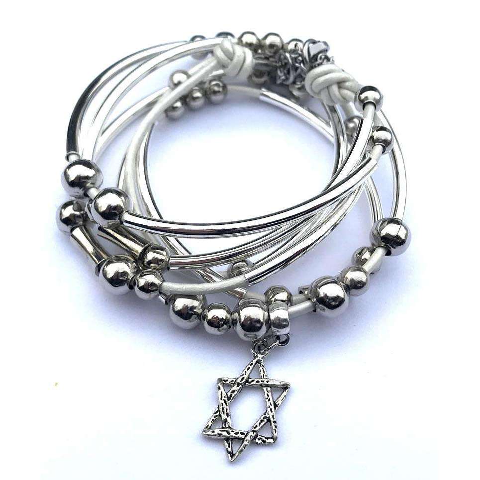My Tribe Convertible Metallic Pearl Leather Woven Star of David Bracelet/Necklace