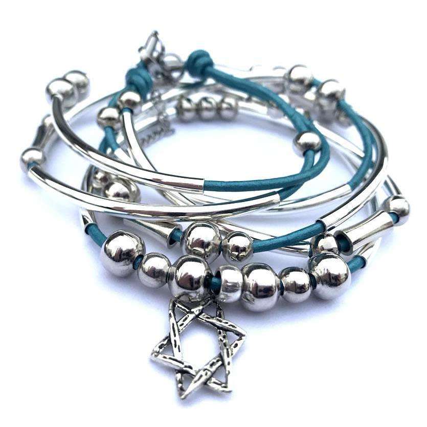 My Tribe Convertible Metallic Teal Leather Woven Star of David Bracelet/Necklace