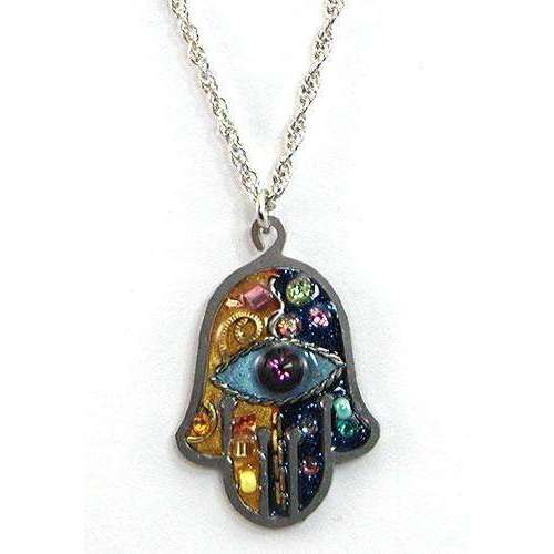 Seeka Blue and Gold Hamsa Necklace with Evil Eye
