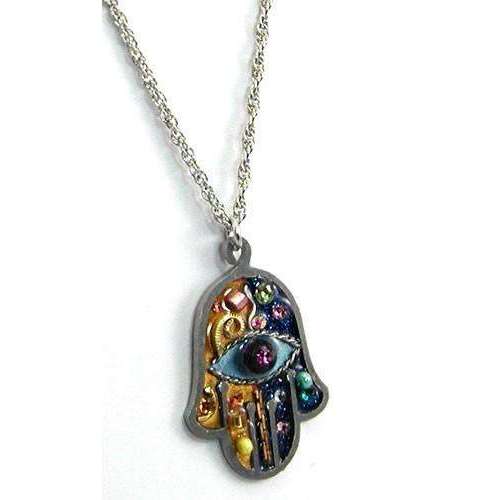 Seeka Blue and Gold Hamsa Necklace with Evil Eye