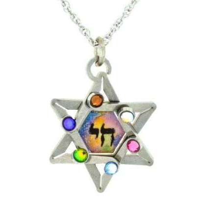 Seeka Dimensional Star of David and Chai Necklace with Multi-Color Crystals